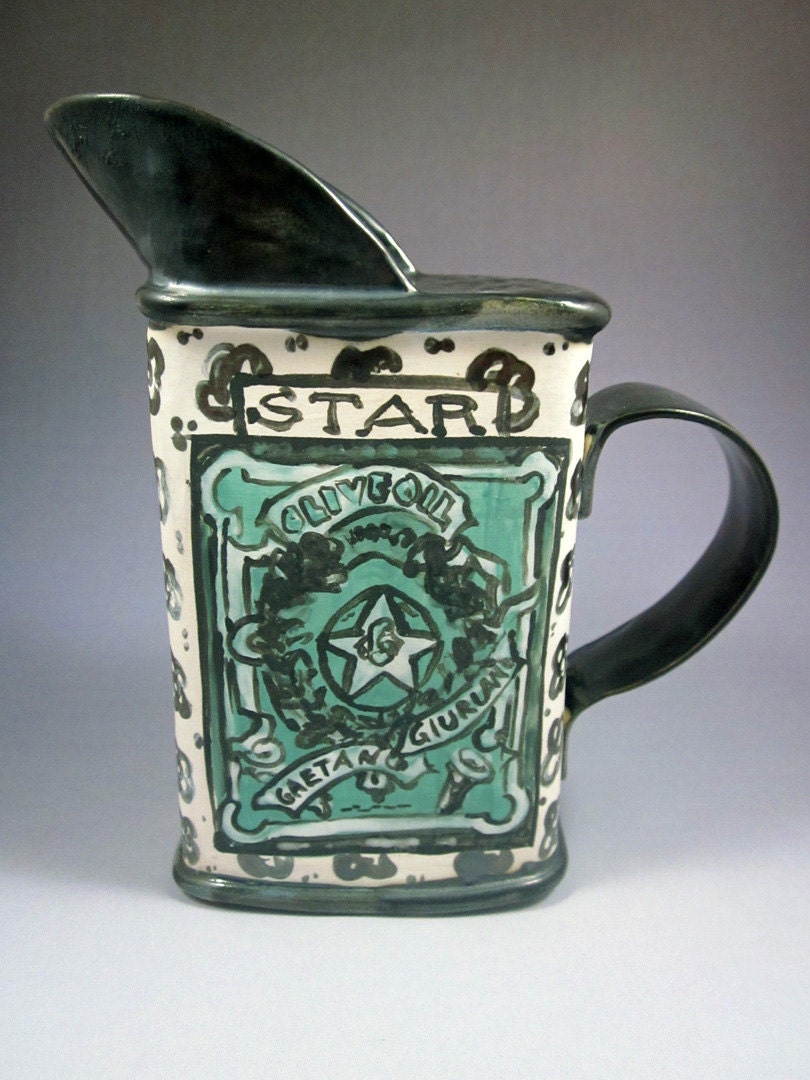 Exquisite Hand-painted Star Olive Oil Vintage Graphics Small Serving or Storage Pitcher