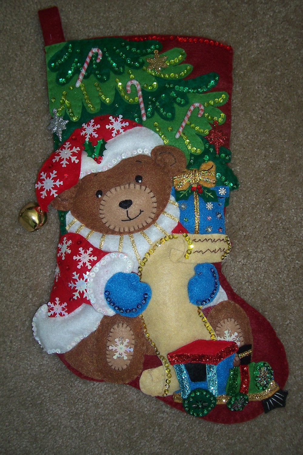Finished Bucilla Stocking SANTA BEAR 18" UNIQUE