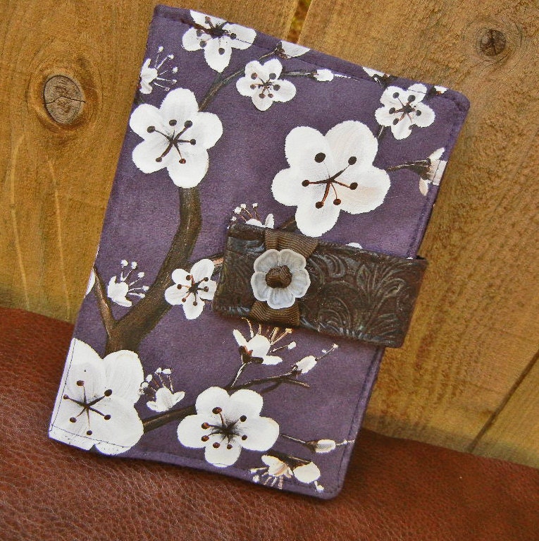 Kindle Fire Cover, Nook Cover, e-reader Cover-Aubergine Suede Padded Book Style Cover Hand Painted with Cherry Blossoms