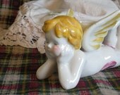 Hand Painted Reclaimed Ceramic Angel Cherub Candle Holder Purple Home Decor Vintage