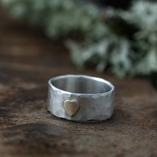 14k heart and rustic hand carved band - recycled strling silver