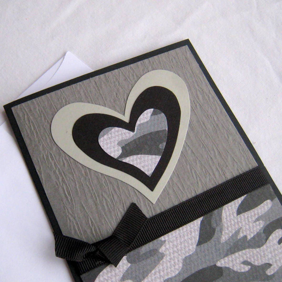 Handmade Masculine Love Card Black and Gray Camoflauge Heart Note Card Blank Inside - BGardenCreations