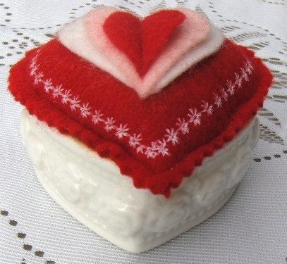 Handmade Embroidered Pincushion: with Felt Hearts and Ceramic Base