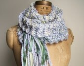 Handknit long scarf  Silver. Green. Yellow.