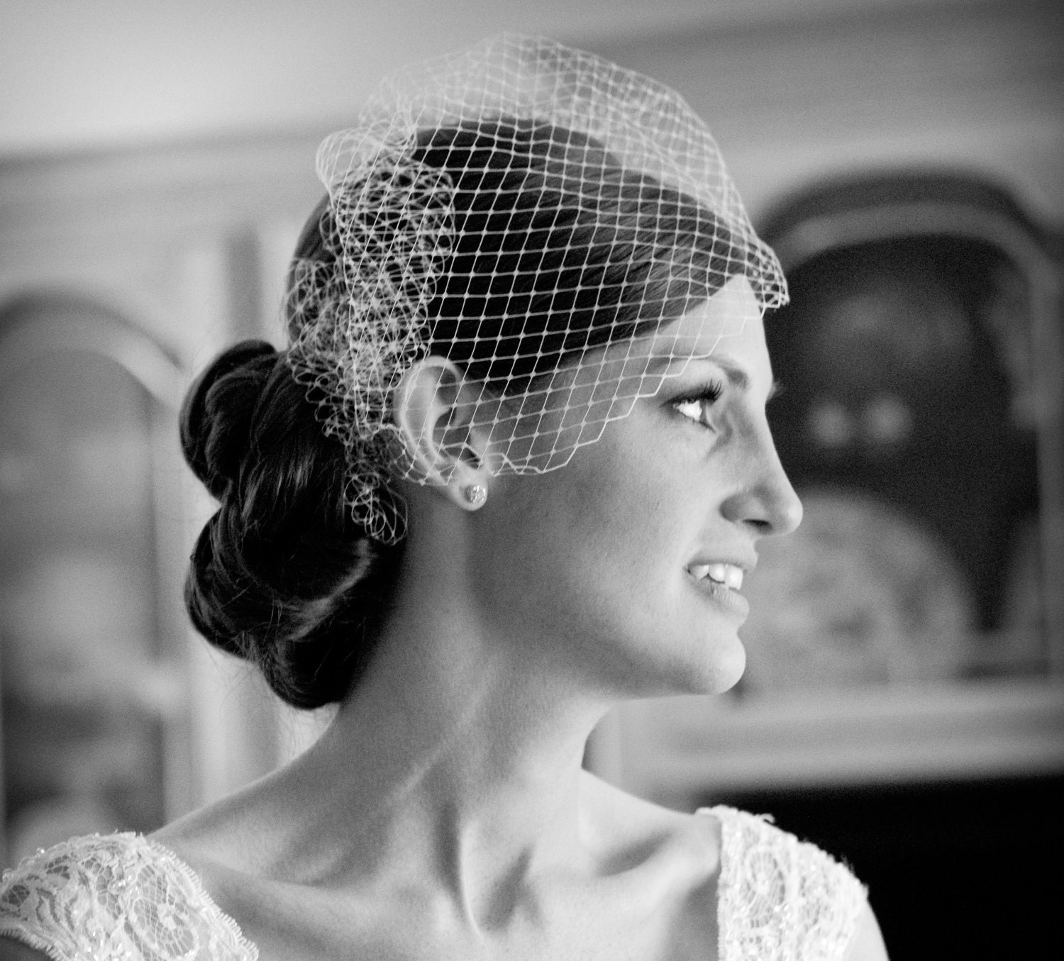 gathered bandeau birdcage veil