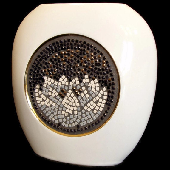 White Vase- Mosaic Japanese Lotus Design in black, white, gold and grey - FischerFineArts