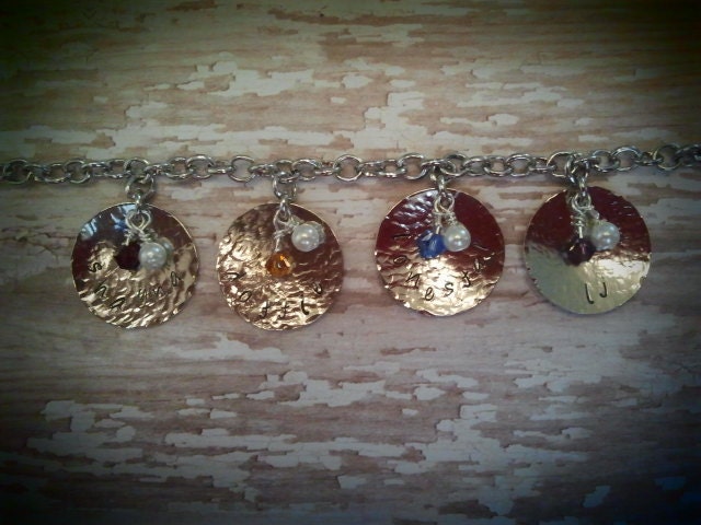 Metal hand stamped bracelet with Swarovski birthstone beads
