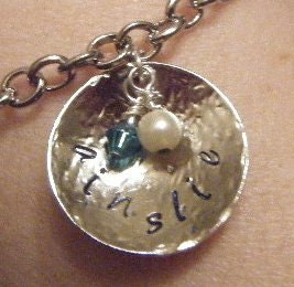 Metal hand stamped bracelet with Swarovski birthstone beads