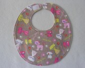 Baby Bibs, four soft layers, reversible, light brown with pink kitties