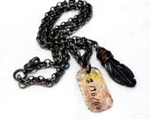 Gunmetal Bone Feather Charm Mans Jewelry - Oxidized Dog Tag - Copper Tag - Mongram Name - Manly Jewelry - Father Dad Jewelry Necklace