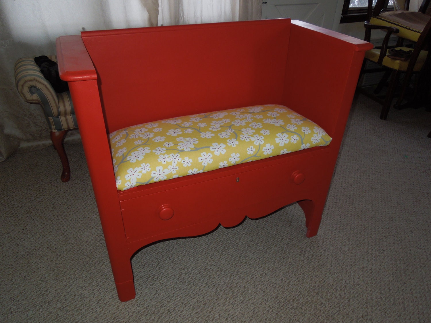 Red Repurposed Antique Dresser made into a Bench with Storage