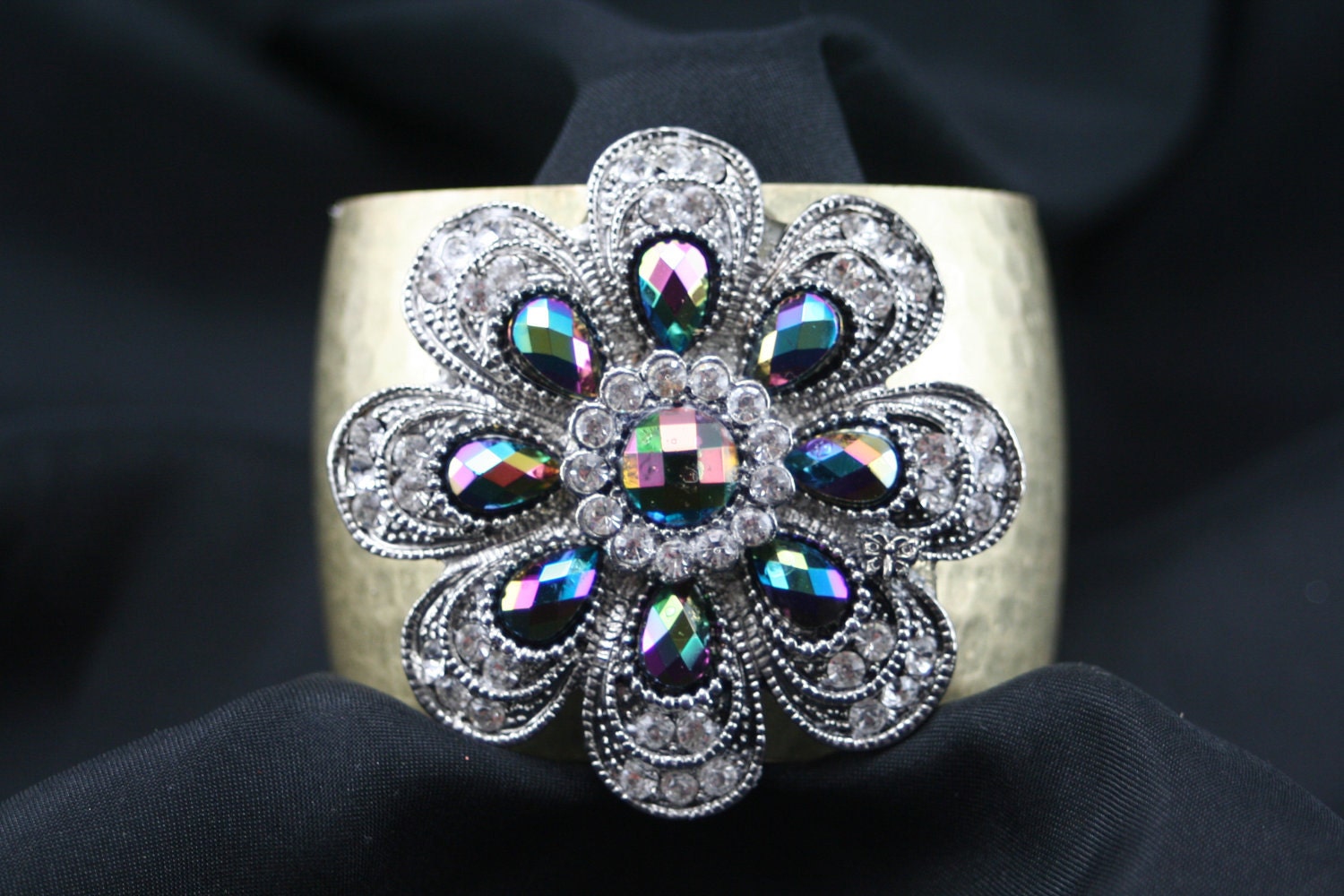 Gold Hammered Cuff With Muti Colored Crystal Flower
