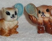 Vintage Tennis Player Squirrel Salt and Pepper Shakers Blue Racket Sports