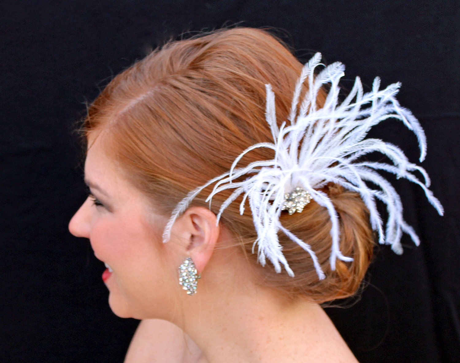 White Bridal Ostrich Feather Fascinator with Crystal Centerpiece