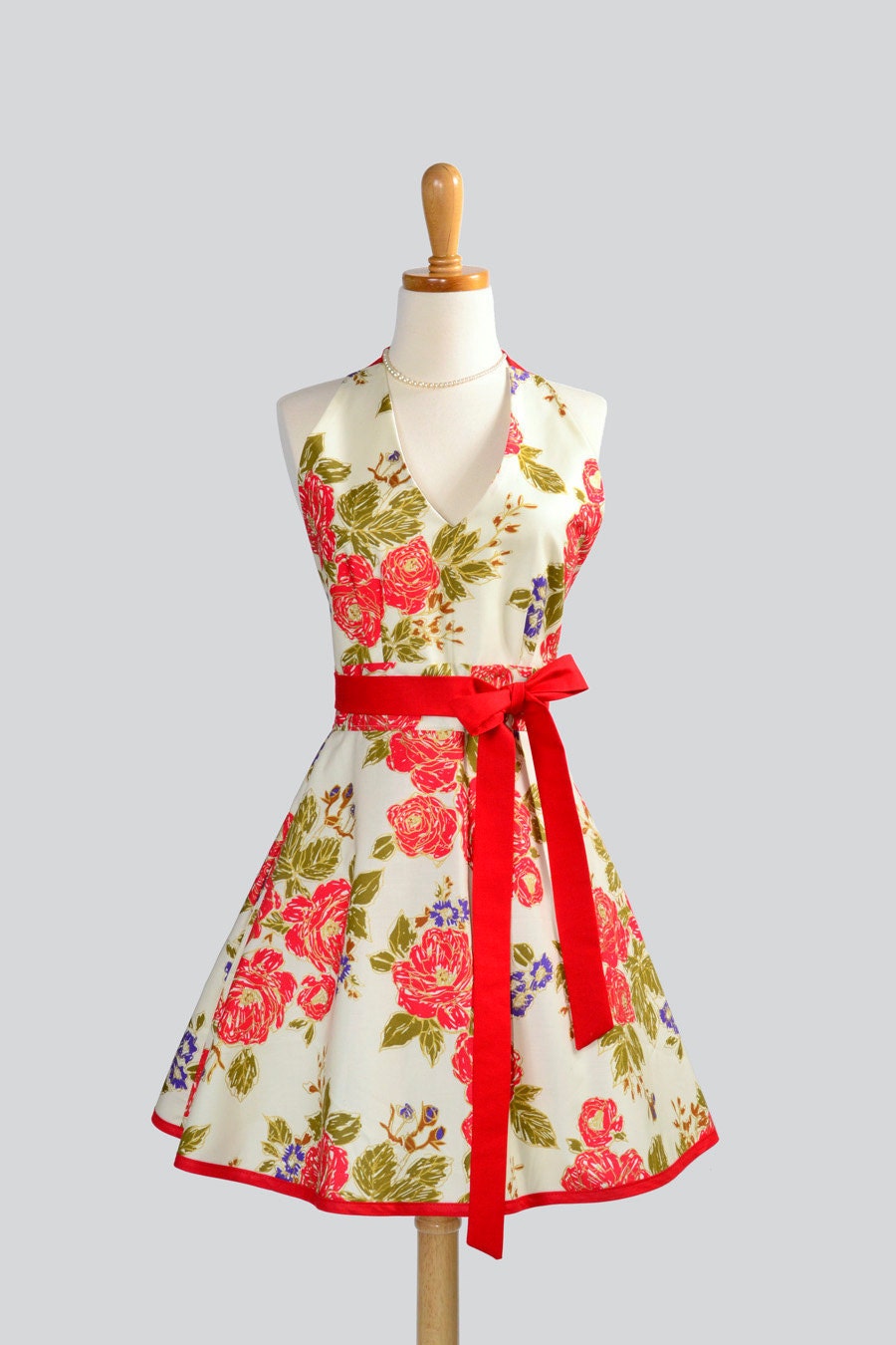 Sexy Womens Hostess - Halter Apron in Elegant and Sophisticated Maywood Studio Rose Floral of Red Green and Ivory
