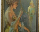 20's Art Deco Lithograph Print in Original Frame Woman Bird Glam