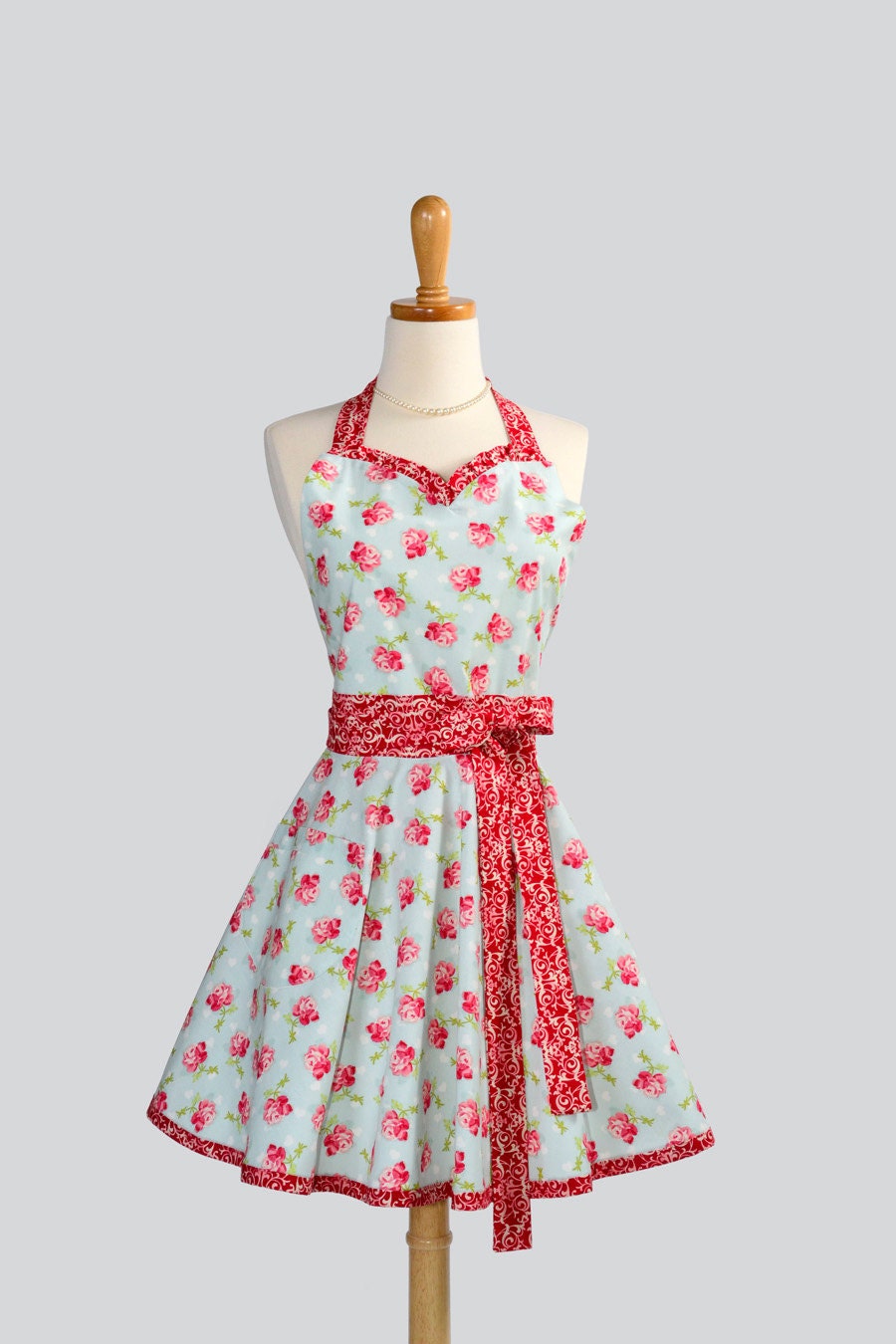 Womens Sweetheart Apron / Love in Bloom Features Dainty White Hearts and Rose Buds on Robins Egg Blue with Red Filigree Trims