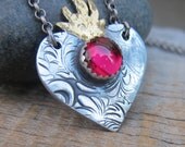 Sacred Heart Amethyst Necklace ... Fine Silver Sacred Heart with Bezel Stone and Keum Boo Gilding