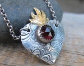 RESERVED FOR ElectricMaenad - Sacred Heart Garnet Necklace ... Fine Silver Sacred Heart with Bezel Stone and Keum Boo Gilding