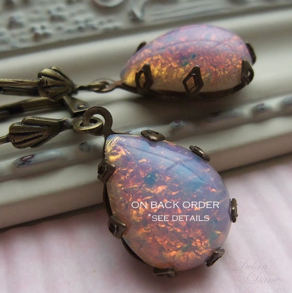 Pink Opal Earrings Antique Brass Earrings Pink Earrings Brass Vintage Style Earrings
