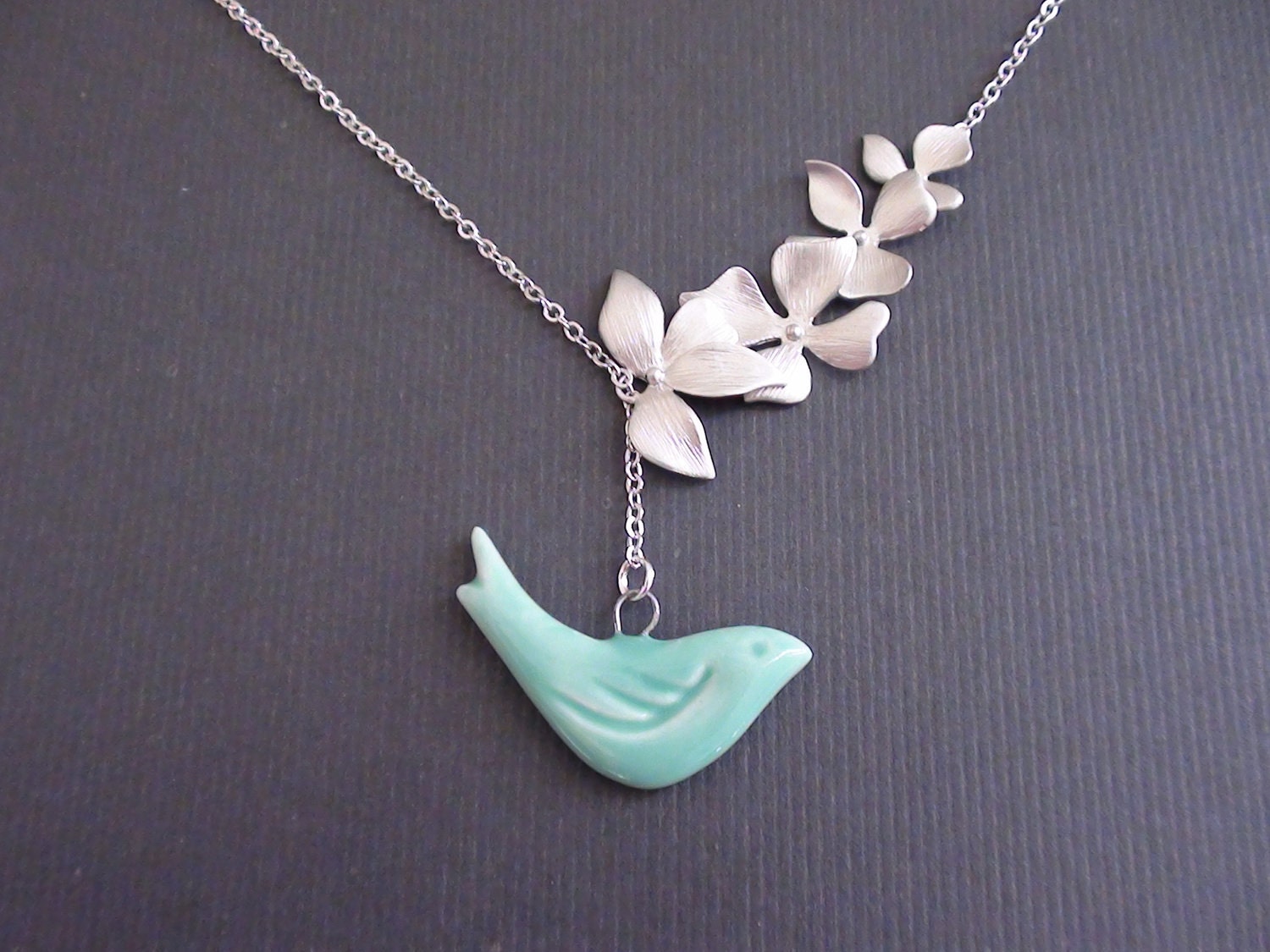 Sale 10% Off -Wild Orchid Flower Connector And Ceramic Mint Bird Pendant -16k White Gold Plated Lariat Necklace