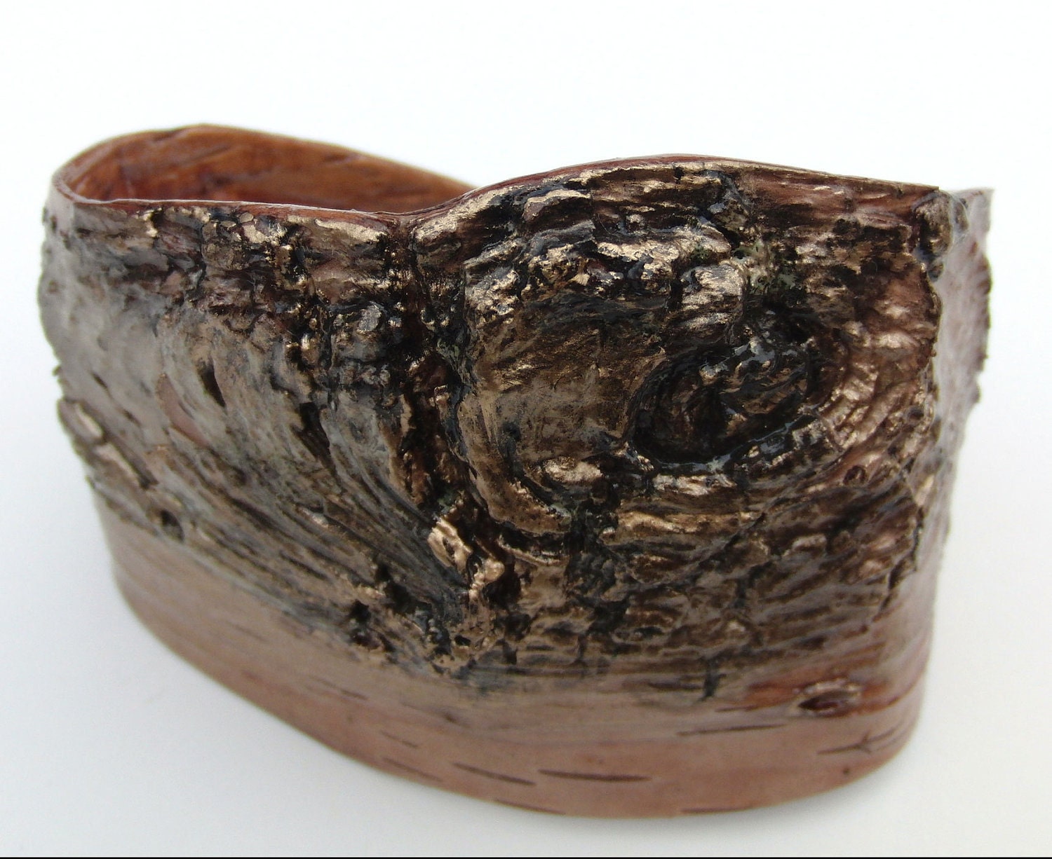 Large width birch bark cuff bracelet, Gold knot