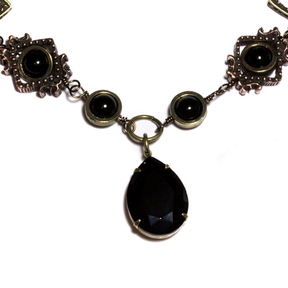 Steampunk Victorian Jewelry - Necklace - Jet Black Pear Shape Faceted Supreme Quality Diamond Cut Glass Gem Stone Jewel