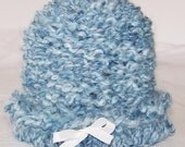 Blue Knitted Baby Boy Newborn Hat - with white ribbon bow