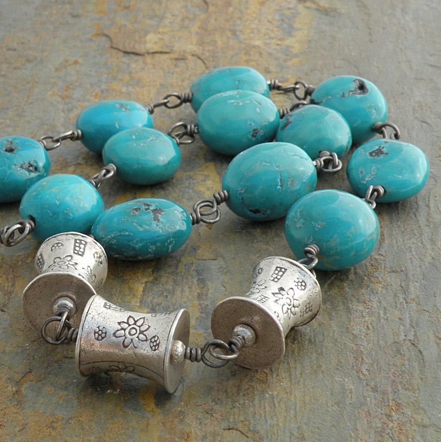 Blue Turquoise Necklace, Chunky, Hill Tribe Silver, Wire-Wrapped, Sterling Silver