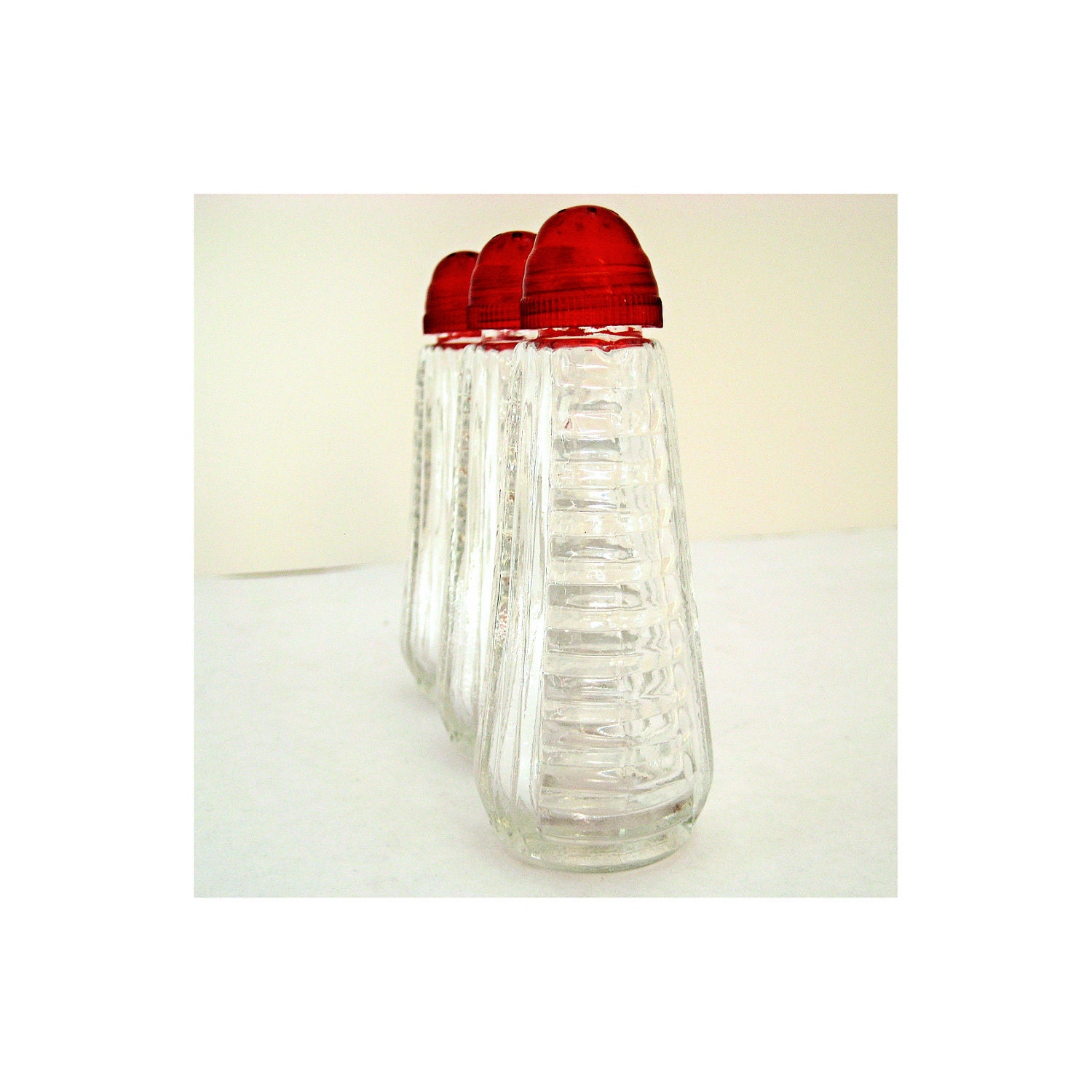 Vintage Tequila Shot Salt Shakers - Ribbed Glass with Cherry Red Screw Tops - Retro 1950s Diner Style Party Supplies - Art Deco Revival