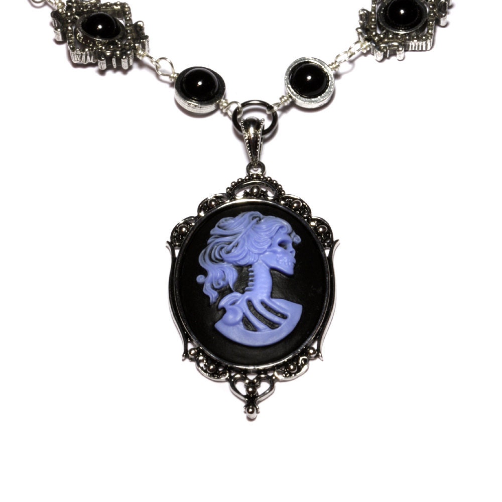 SteamGoth Jewelry - Necklace - Black  and Blue Skeleton Lolita portrait Cameo  -  Black Onyx