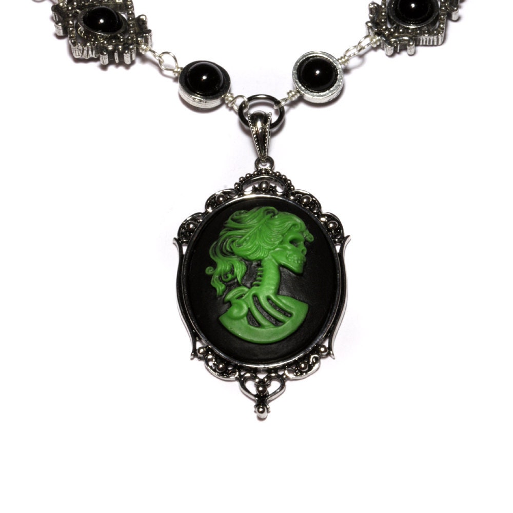 SteamGoth Jewelry - Necklace - Black  and Green Skeleton Lolita portrait Cameo  -  Black Onyx