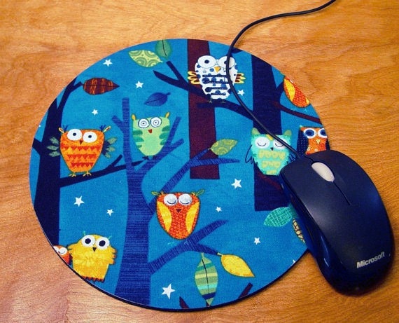 Mouse Pad / Hot Pad - Robert Kaufman "Forest Fun Owls" Spring w/ FREE Matching Coaster