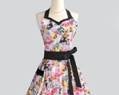 Womens Sweetheart Hostess Apron - Handmade Retro Ruffled Vintage Love Letters with Pink and Black