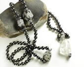 Mala Beads with Hematite, Tourmalinated Quartz, Snowflake Obsidian - Tibetan style 108 bead meditation mala