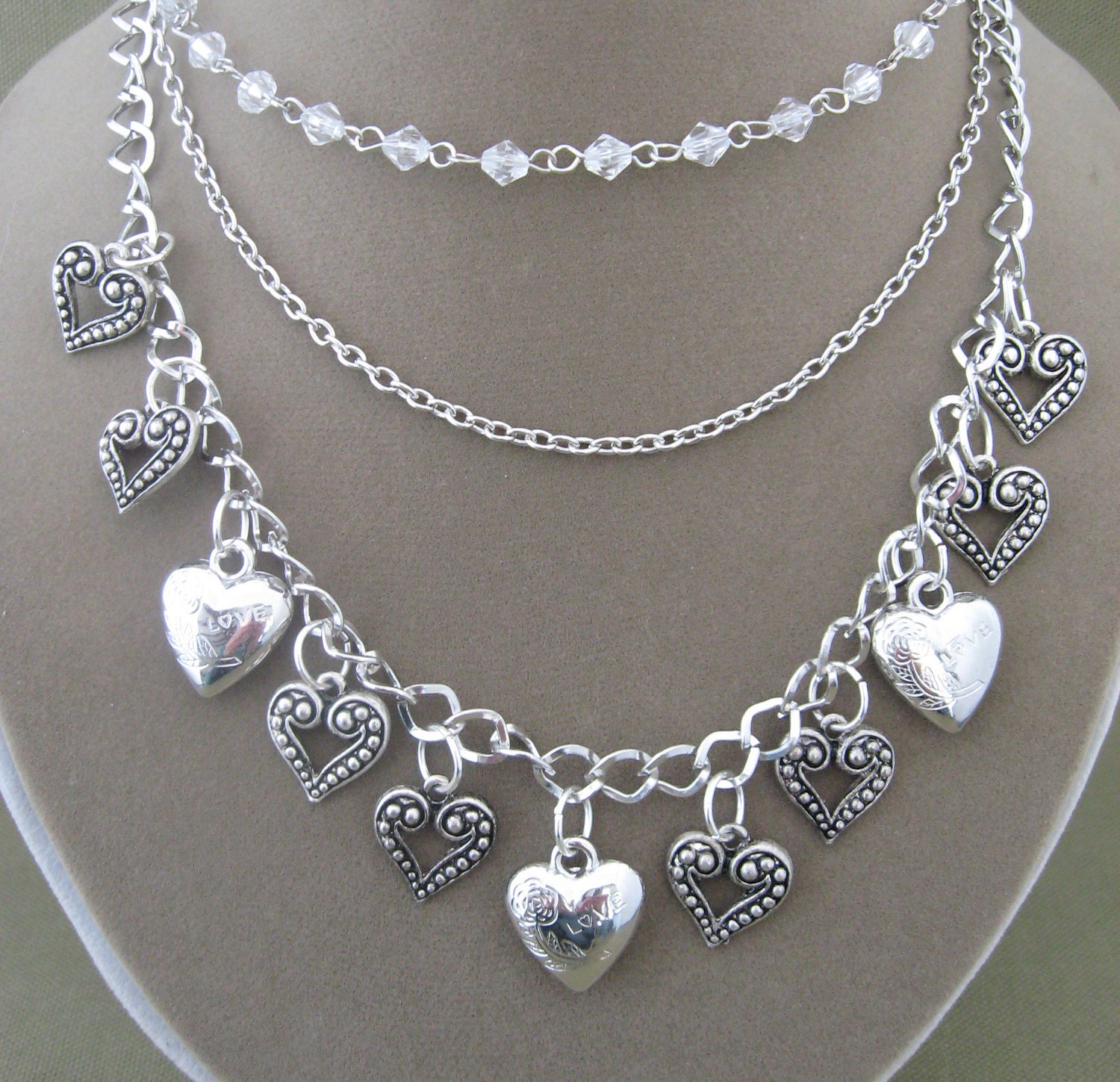 Silver Heart Charms Crystals Necklace Triple Strand