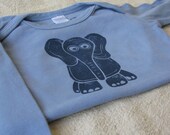 Long Sleeve Elephant Onesie, Blue, Hand-dyed, Lino Cut, 12-18 Month Size