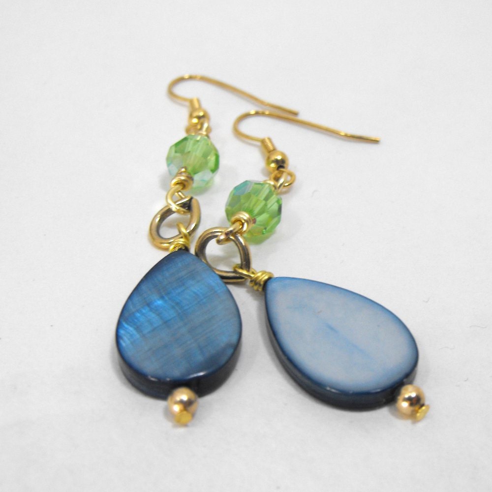 Blue and Green Shell and Crystal Teardrop Earrings