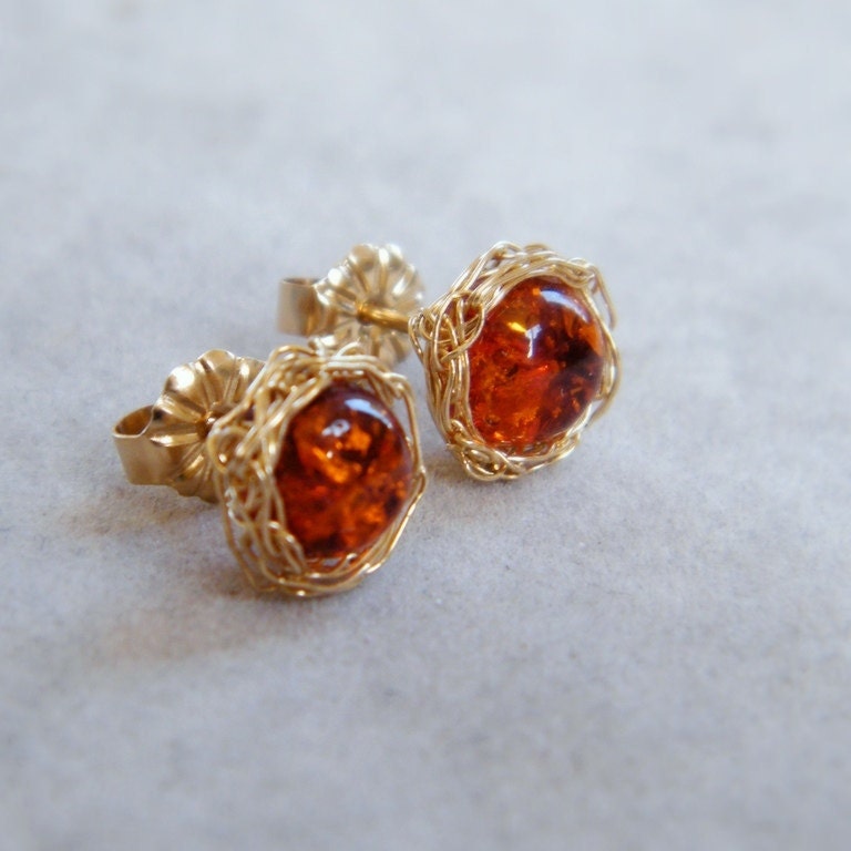 Baltic Amber Post Earrings With Crochet Gold Filled Wire