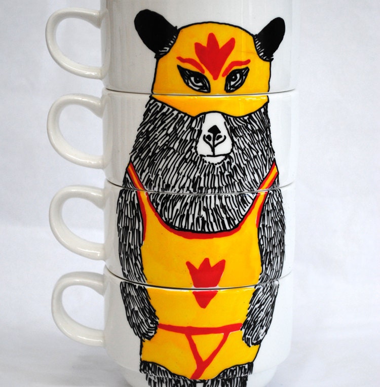 Hand painted set of 4 Coffee cups - The Handsome one