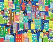What a World Fabric by Joe McDonald  - Cityscape Blue,  Designer Fabric, Sale