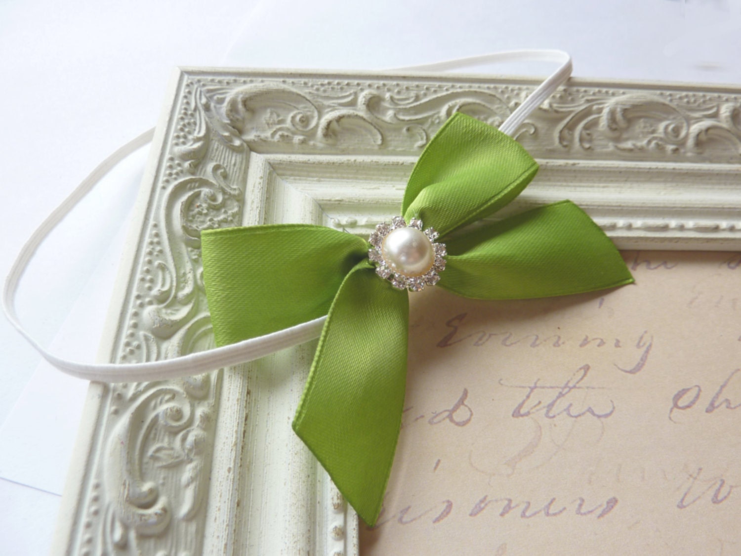 Simple and Stunning Spring Green Satin Bow Headband With Gorgeous Pearl and Rhinestone Center Accent Infants, Babies or Adults