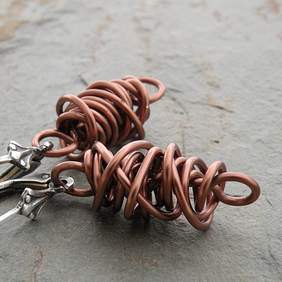 Copper Earrings, Twisted Wire, Antique Copper Wire, Thick Twistie Beads