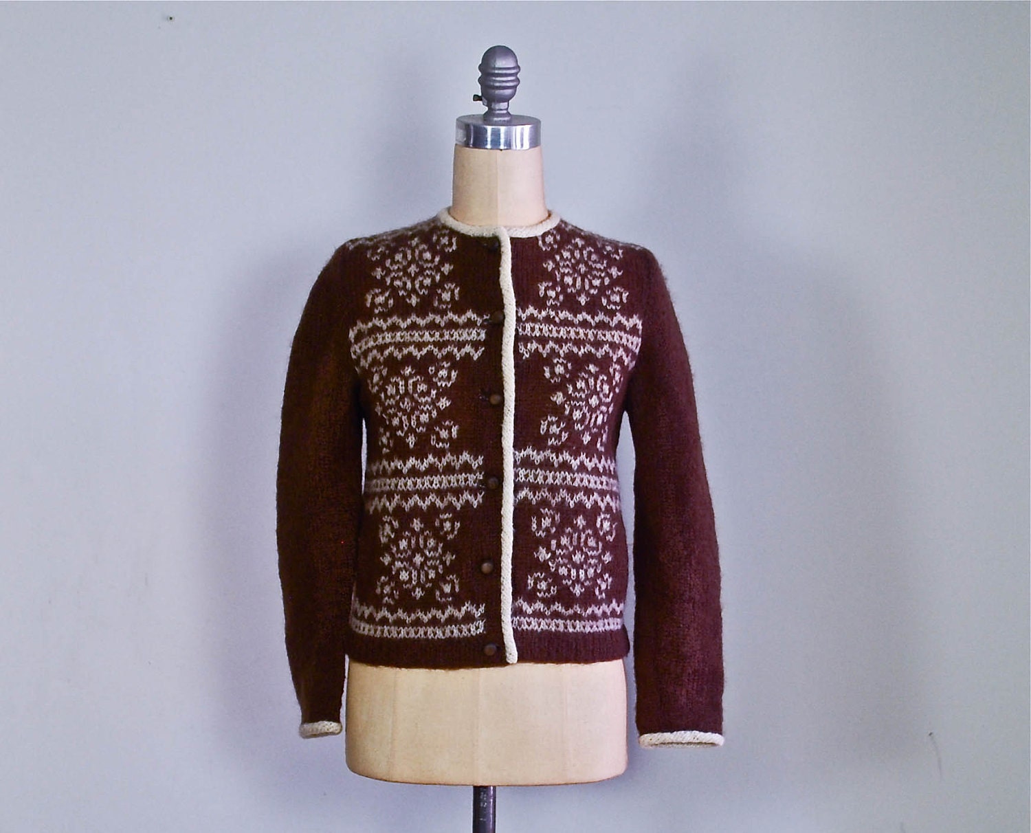 1950s brown fairisle cardigan / 50s school girl sweater