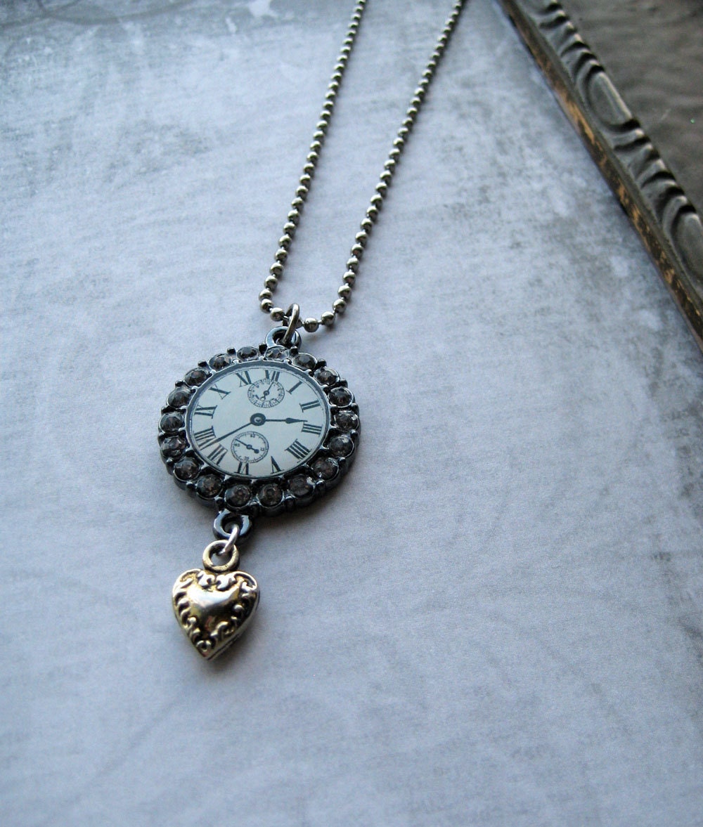 Steampunk Blue Rhinestone Clock choker Necklace silver heart charm vintage victorian