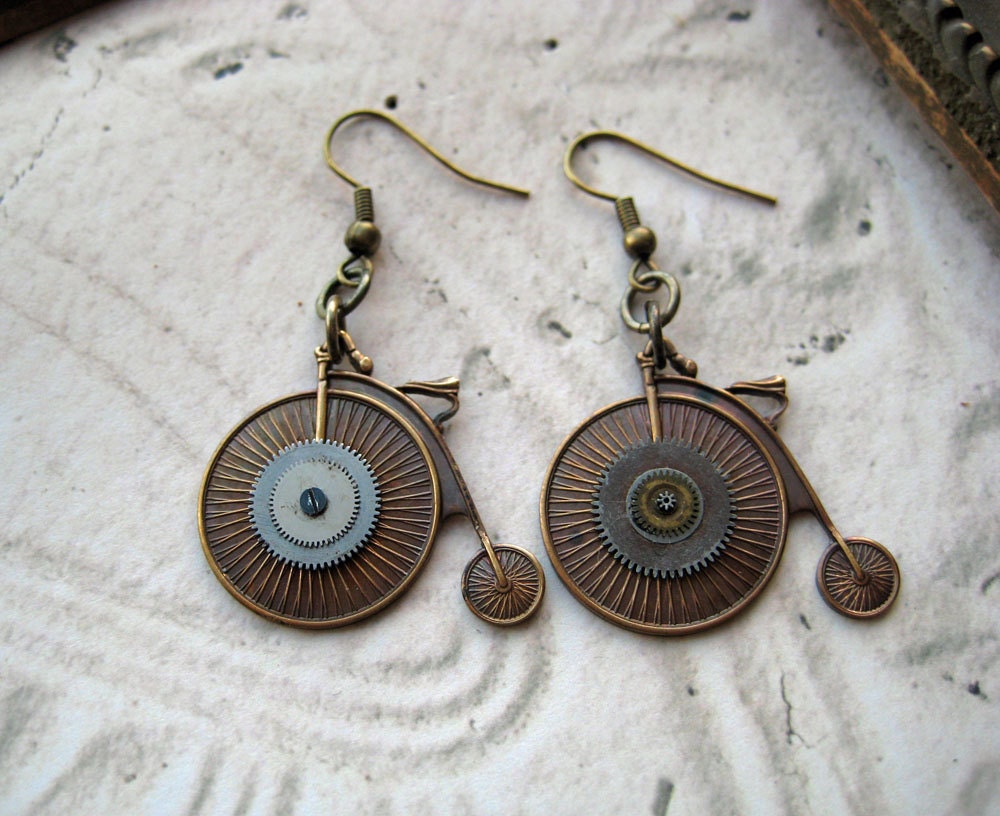 Steampunk Antique Bicycle Earrings old fashioned VICTORIAN Bike vintage watch parts
