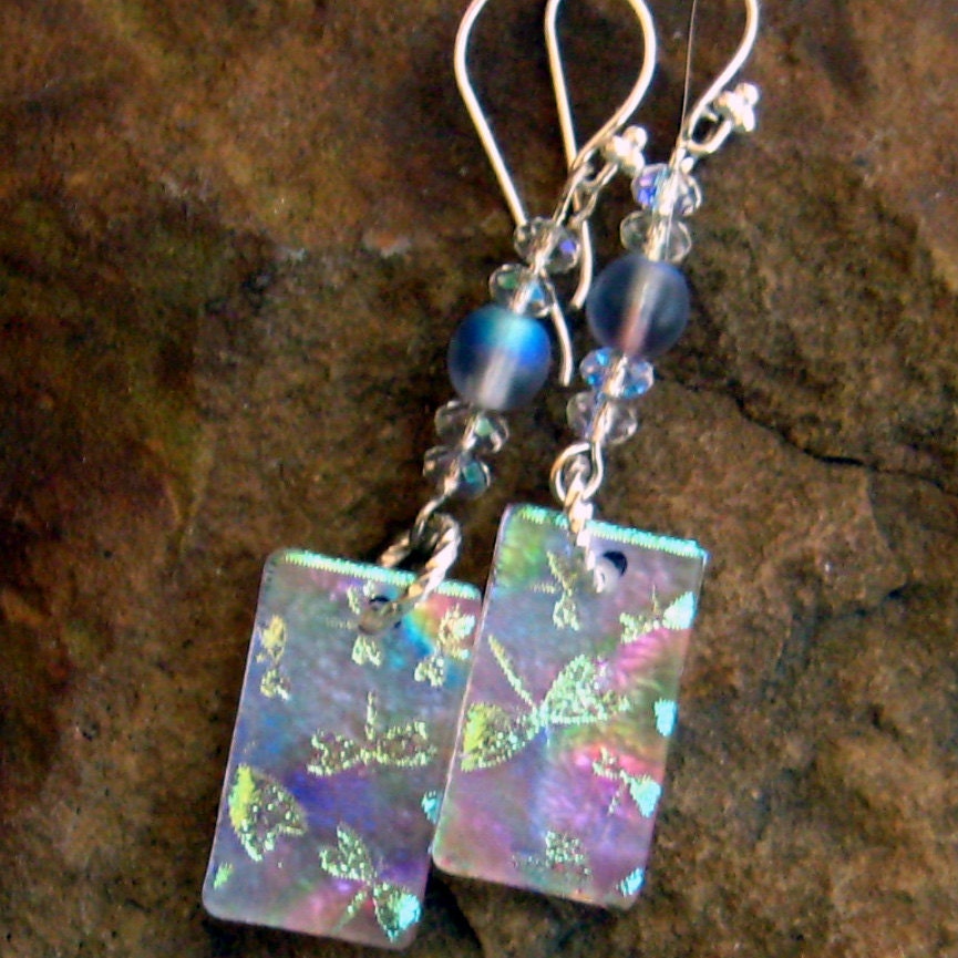 Dichroic Fused Glass Drop Earrings - Rainbow Dragonflies