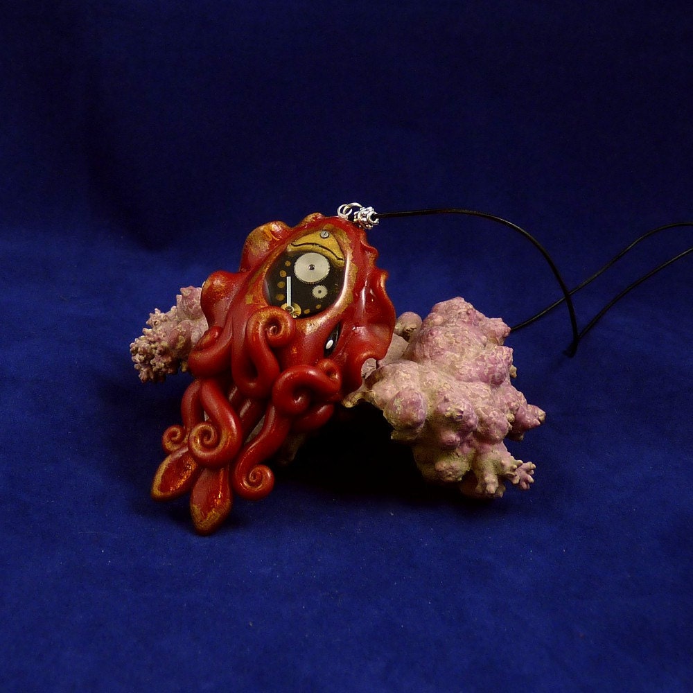 Gilded Steampunk Cuttlefish Necklace - Polymer Clay Jewelry