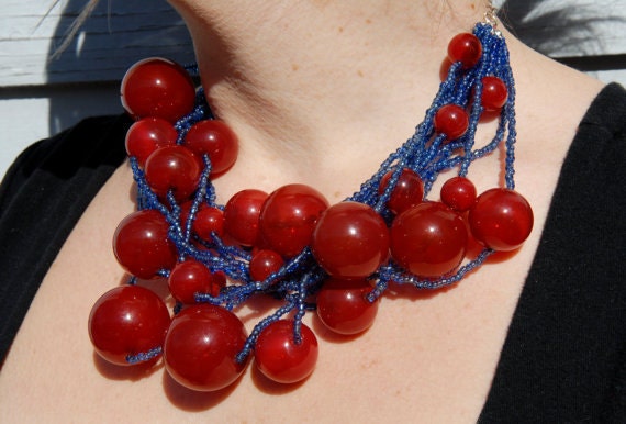 Red Glass Necklace with Blue Seed Beads - Vibrant Crimson and Cobalt Jewelry Made from Blown Glass Beads