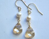 Golden Delight Earrings - golden shadow, swarovski crystal, briolette, gold filled, pearl, modern, simple, wedding